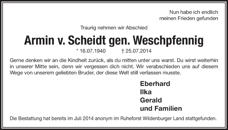  Traueranzeige für Armin v. Scheidt gen. Weschpfennig vom 05.11.2014 aus  Lokalanzeiger 