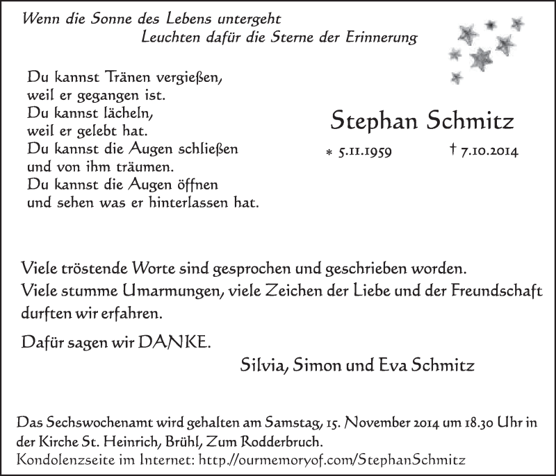  Traueranzeige für Stephan Schmitz vom 12.11.2014 aus  Schlossbote/Werbekurier 