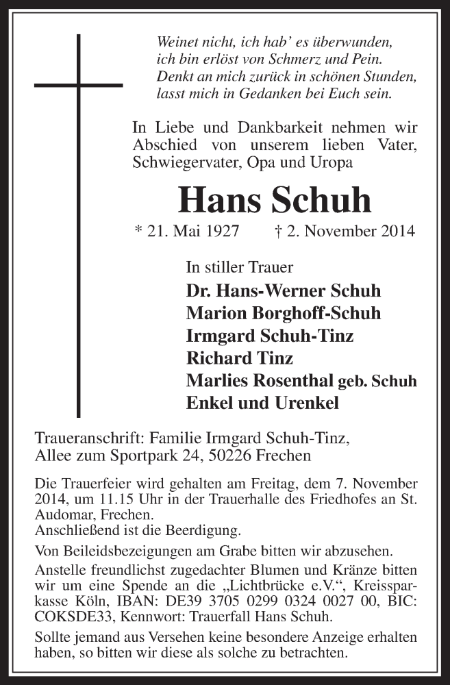  Traueranzeige für Hans Schuh vom 05.11.2014 aus  Wochenende 