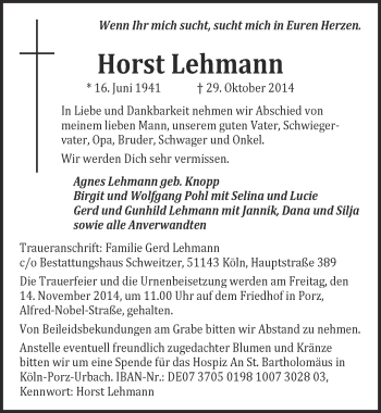 Anzeige von Horst Lehmann von  Kölner Wochenspiegel 
