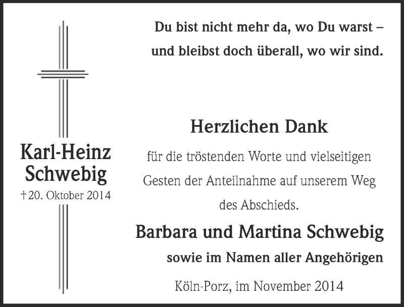  Traueranzeige für Karl-Heinz Schwebig vom 12.11.2014 aus  Kölner Wochenspiegel 