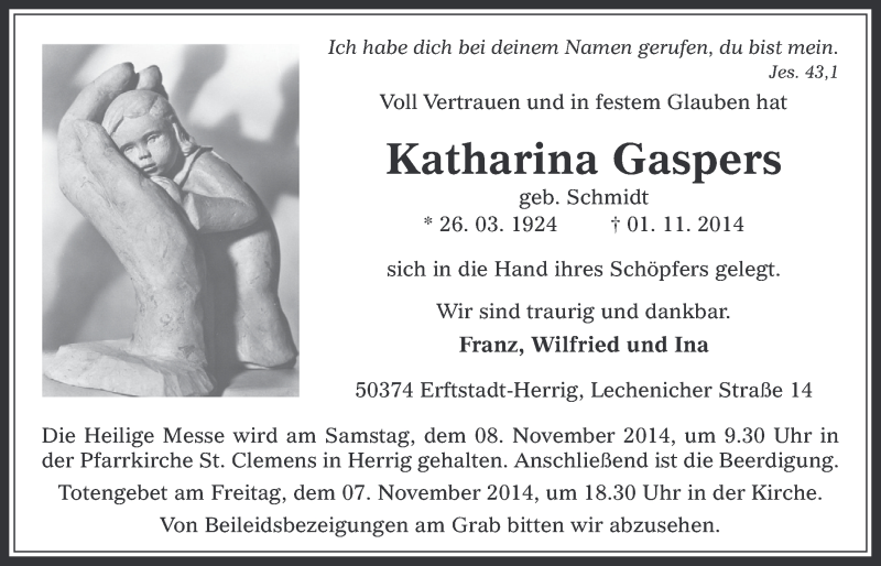  Traueranzeige für Katharina Gaspers vom 05.11.2014 aus  Werbepost 