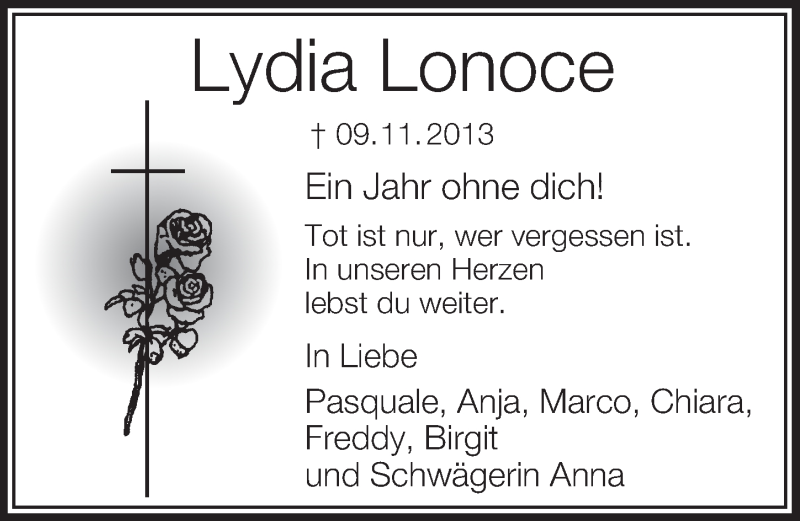  Traueranzeige für Lydia Lonoce vom 08.11.2014 aus  Leverkusener Wochenende 