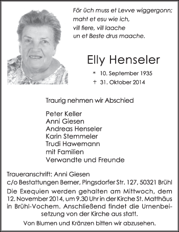 Anzeige von Elly Henseler von  Schlossbote/Werbekurier 