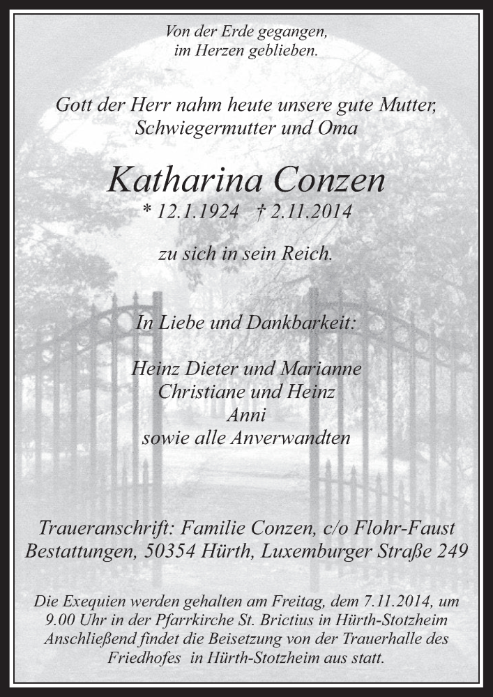  Traueranzeige für Katharina Conzen vom 05.11.2014 aus  Wochenende 