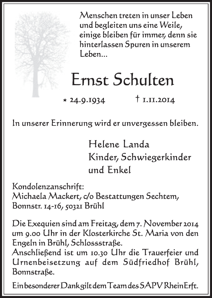  Traueranzeige für Ernst Schulten vom 05.11.2014 aus  Schlossbote/Werbekurier 