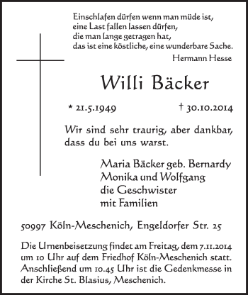 Anzeige von Willi Bäcker von  Schlossbote/Werbekurier 