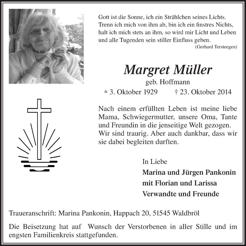  Traueranzeige für Margret Müller vom 05.11.2014 aus  Lokalanzeiger 