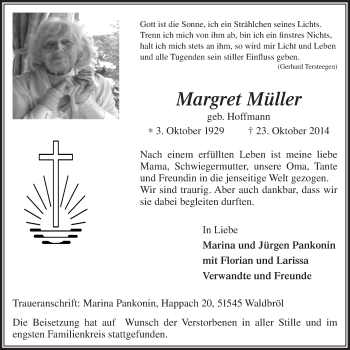 Anzeige von Margret Müller von  Lokalanzeiger 
