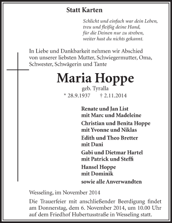 Anzeige von Maria Hoppe von  Schlossbote/Werbekurier 
