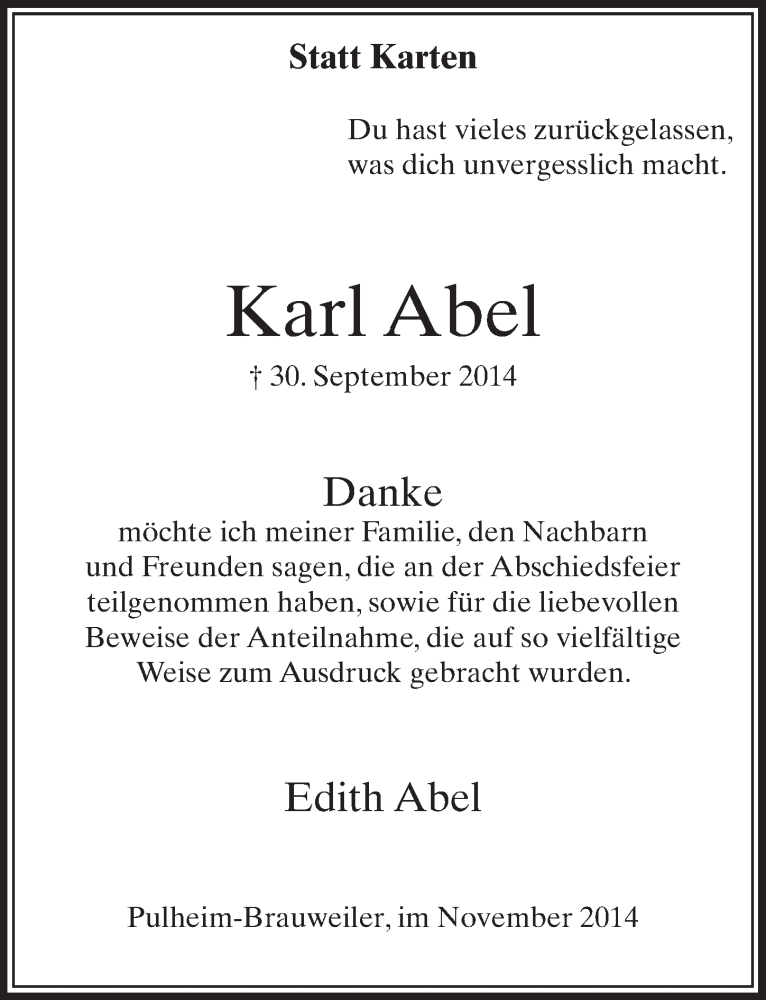  Traueranzeige für Karl Abel vom 08.11.2014 aus  Sonntags-Post 