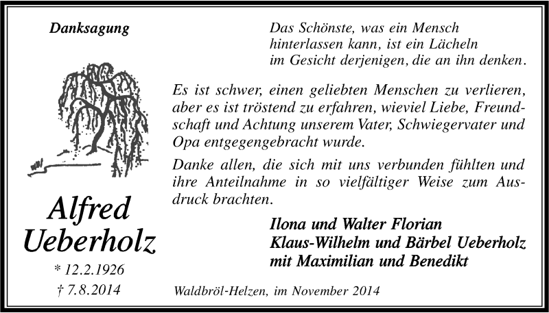  Traueranzeige für Alfred Ueberholz vom 05.11.2014 aus  Lokalanzeiger 