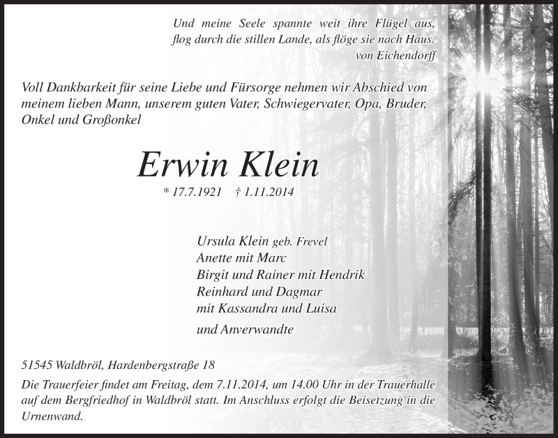  Traueranzeige für Erwin Klein vom 05.11.2014 aus  Lokalanzeiger 