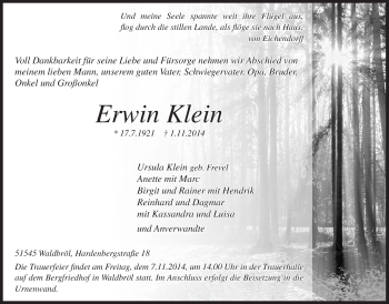 Anzeige von Erwin Klein von  Lokalanzeiger 