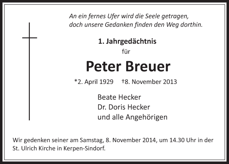  Traueranzeige für Peter Breuer vom 05.11.2014 aus  Werbepost 