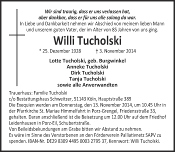 Anzeige von Willi Tucholski von  Kölner Wochenspiegel 