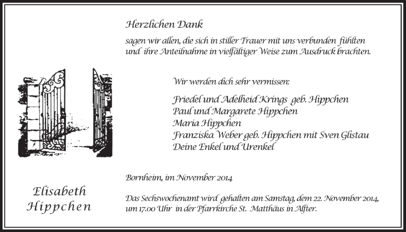  Traueranzeige für Elisabeth Hippchen vom 12.11.2014 aus  Schaufenster/Blickpunkt 