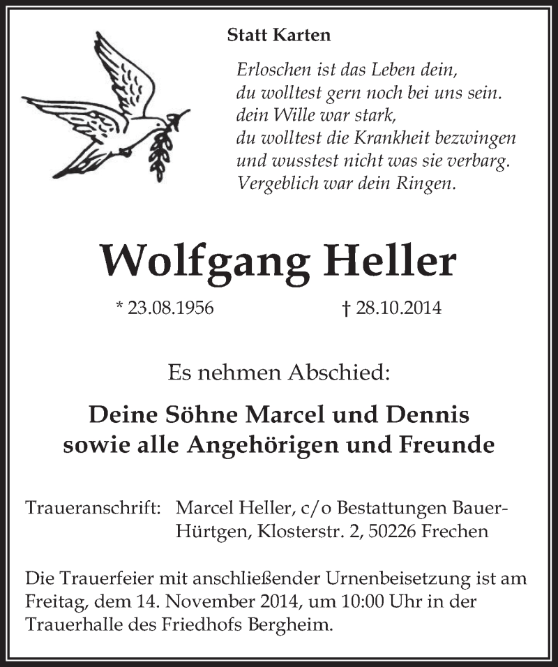  Traueranzeige für Wolfgang Heller vom 12.11.2014 aus  Wochenende 