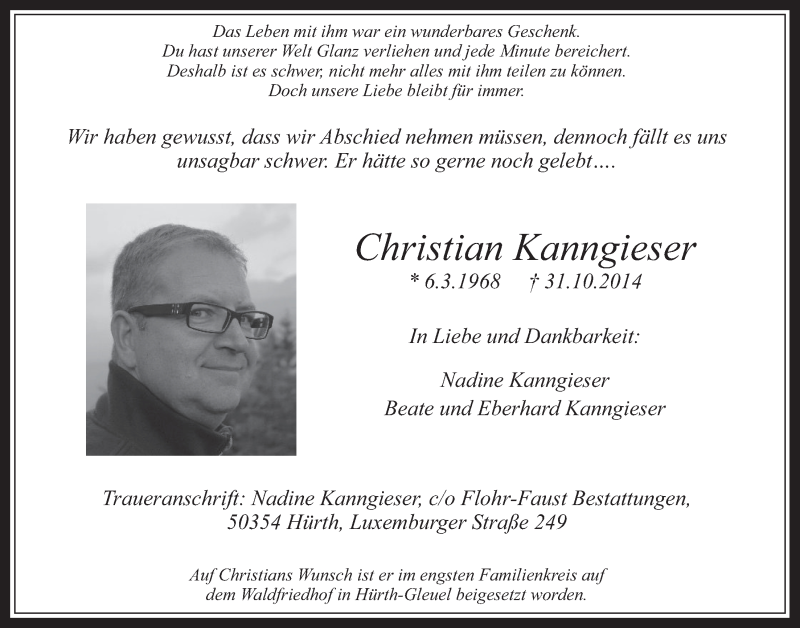  Traueranzeige für Christian  Kanngieser vom 12.11.2014 aus  Wochenende 