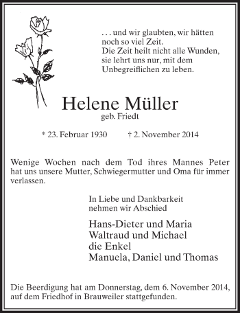 Anzeige von Helene Müller von  Sonntags-Post 