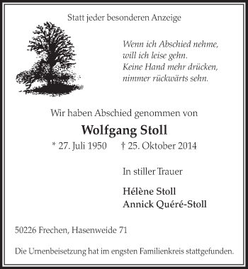 Anzeige von Wolfgang Stoll von  Sonntags-Post 