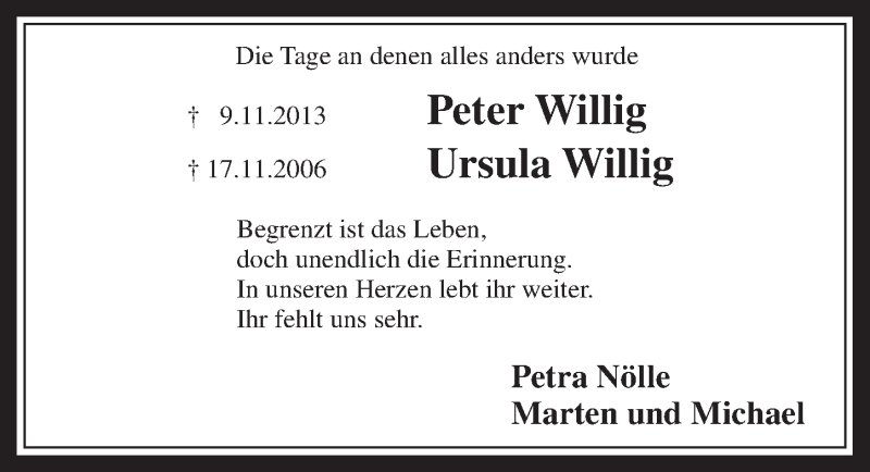  Traueranzeige für Petra und Ursula Willig vom 12.11.2014 aus  Werbepost 