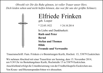 Anzeige von Elfriede Frinken von  Blickpunkt Euskirchen 