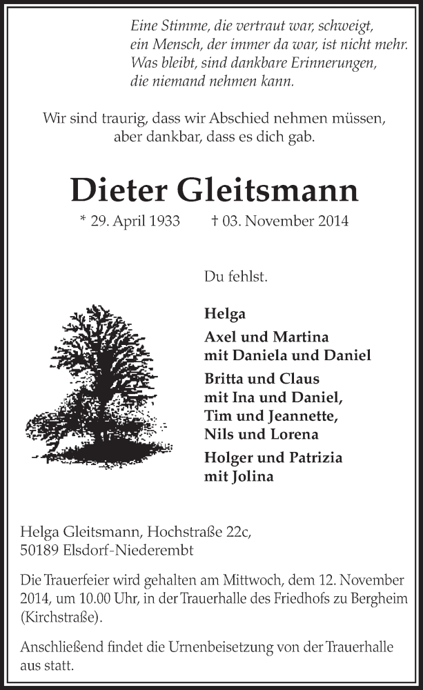  Traueranzeige für Dieter Gleitsmann vom 08.11.2014 aus  Sonntags-Post 