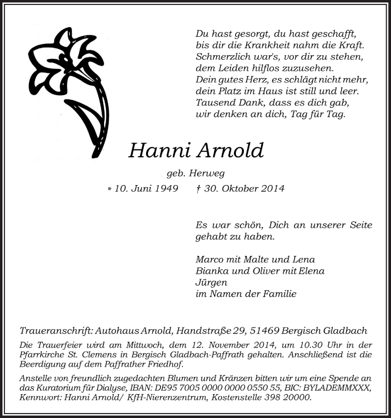  Traueranzeige für Hanni Arnold vom 08.11.2014 aus  Bergisches Sonntagsblatt 
