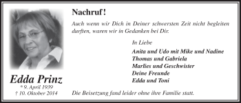 Anzeige von Edda Prinz von  Bergisches Sonntagsblatt 