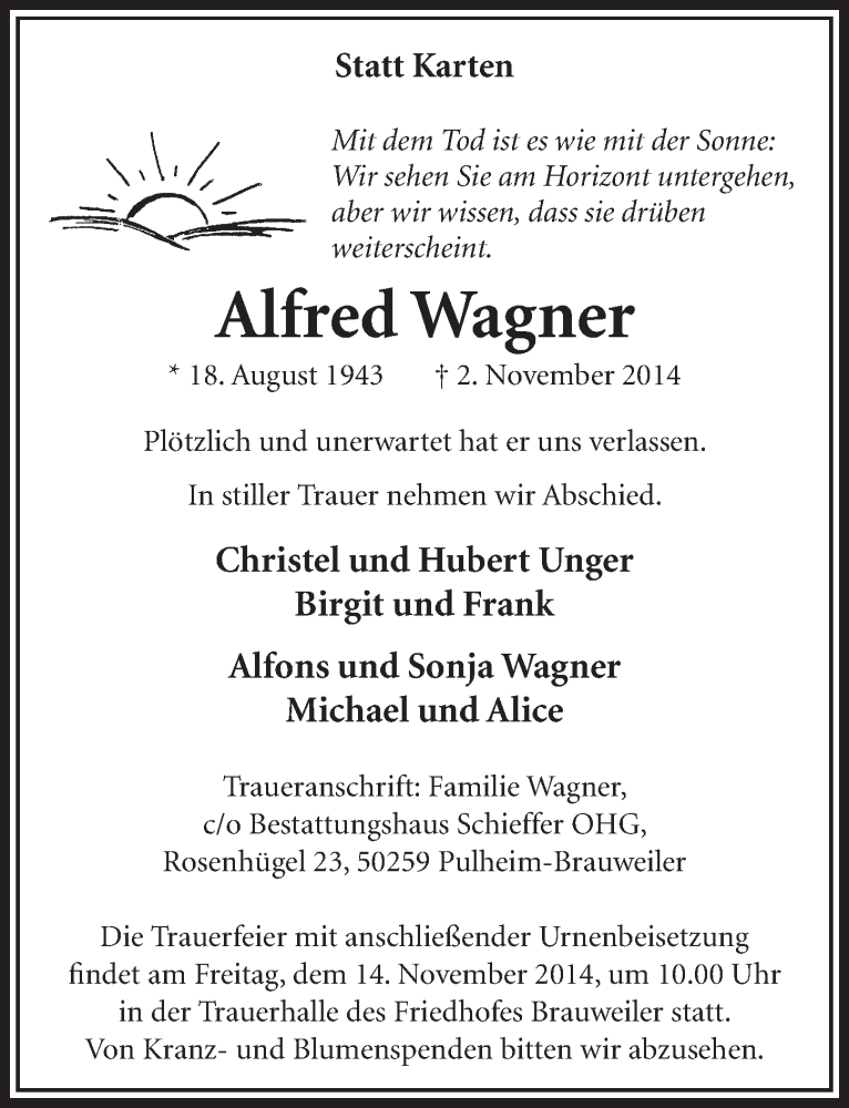 Traueranzeige für Alfred Wagner vom 08.11.2014 aus  Sonntags-Post 