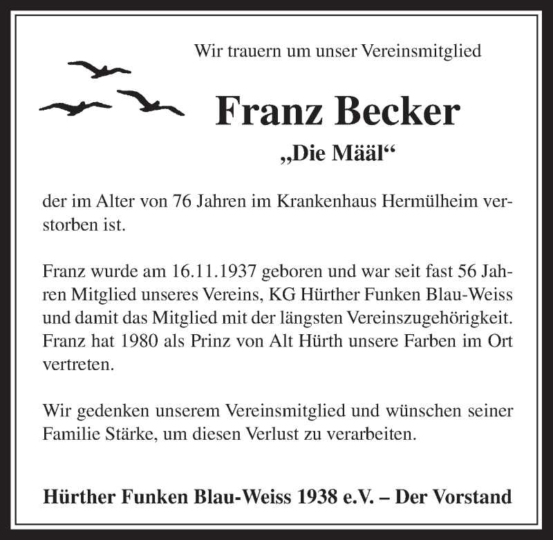 Traueranzeige für Franz Becker vom 12.11.2014 aus  Wochenende 