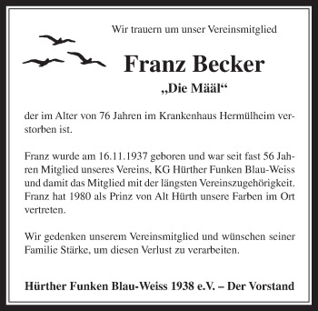 Anzeige von Franz Becker von  Wochenende 