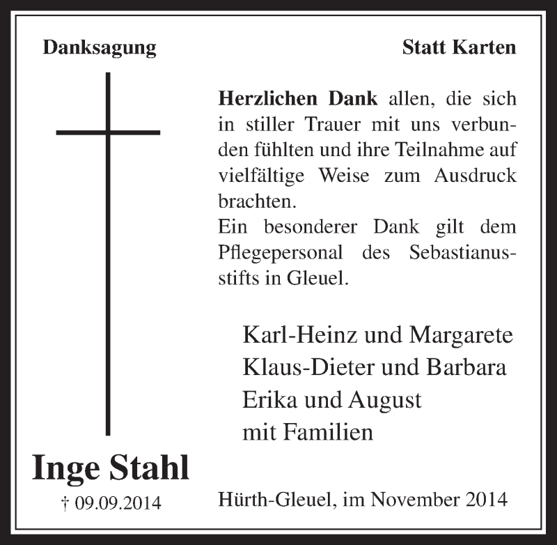  Traueranzeige für Inge Stahl vom 12.11.2014 aus  Wochenende 