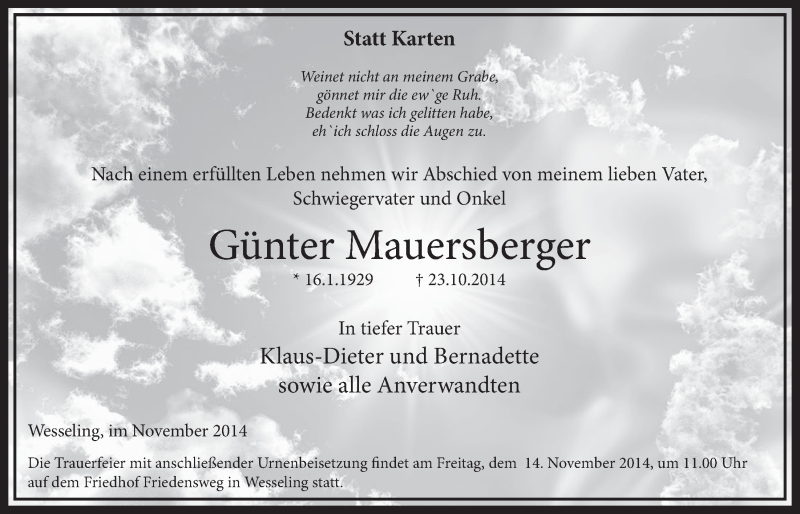  Traueranzeige für Günter Mauersberger vom 12.11.2014 aus  Schlossbote/Werbekurier 
