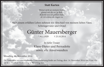 Anzeige von Günter Mauersberger von  Schlossbote/Werbekurier 