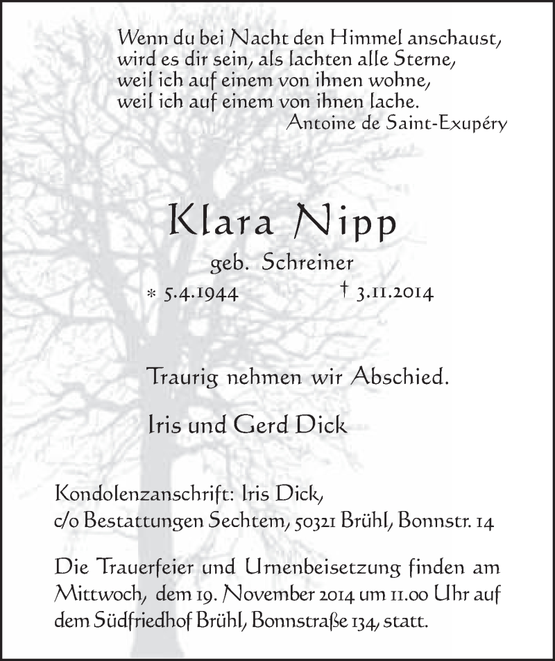  Traueranzeige für Klara Nipp vom 12.11.2014 aus  Schlossbote/Werbekurier 
