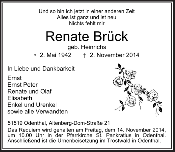Anzeige von Renate Brück von  Bergisches Sonntagsblatt 