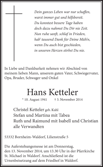 Anzeige von Hans Ketteler von  Schaufenster/Blickpunkt  Schlossbote/Werbekurier 