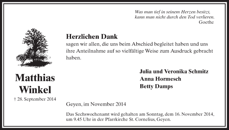  Traueranzeige für Matthies Winkel vom 08.11.2014 aus  Sonntags-Post 