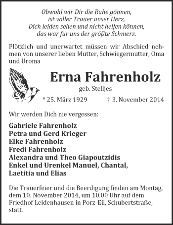 Anzeige von Erna Fahrenholz 