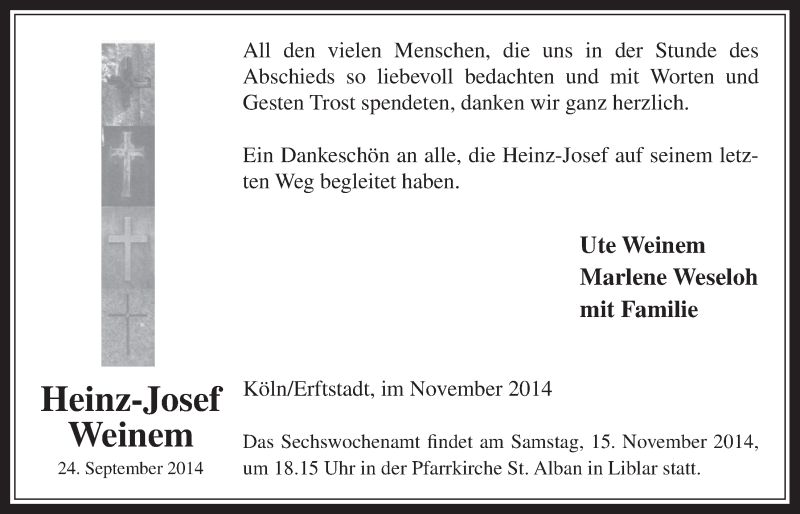  Traueranzeige für Heinz-Josef Weinem vom 12.11.2014 aus  Werbepost 