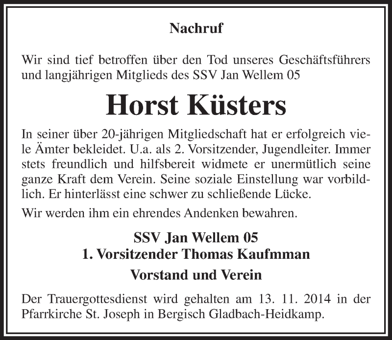  Traueranzeige für Horst Küsters vom 12.11.2014 aus  Bergisches Handelsblatt 