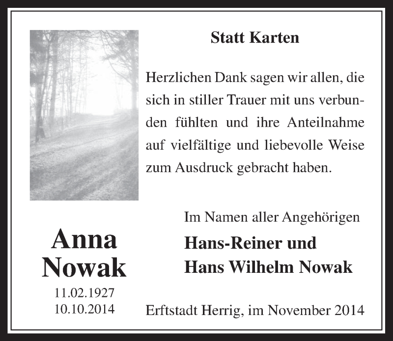  Traueranzeige für Anna Nowak vom 12.11.2014 aus  Werbepost 