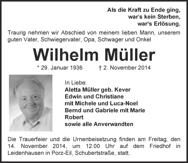  Traueranzeige für Wilhelm Müller vom 12.11.2014 aus  Kölner Wochenspiegel 