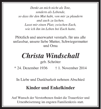 Anzeige von Christa Windschall von  Schaufenster/Blickpunkt 