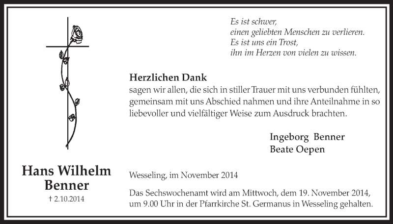  Traueranzeige für Hans Wilhelm Benner vom 12.11.2014 aus  Schlossbote/Werbekurier 