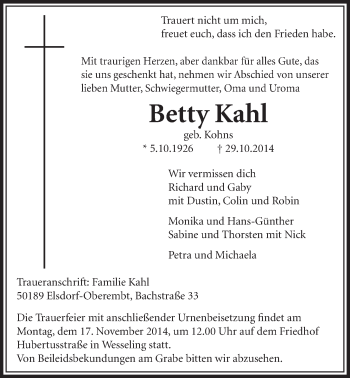 Anzeige von Betty Kahl von  Schlossbote/Werbekurier 