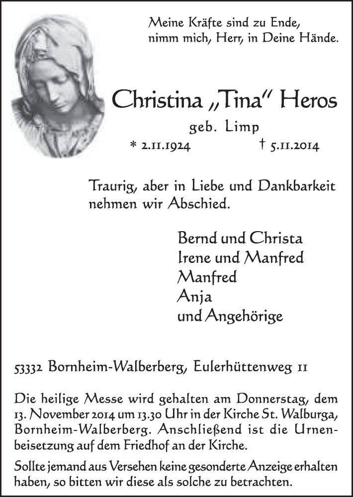  Traueranzeige für Christina Heros vom 12.11.2014 aus  Schlossbote/Werbekurier 