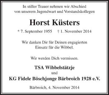Anzeige von Horst Küsters von  Bergisches Sonntagsblatt 